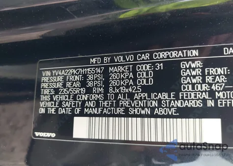 2017 Volvo Xc90 T6 Momentum z USA, uszkodzony, nr VIN YV4A22PK7H1155147